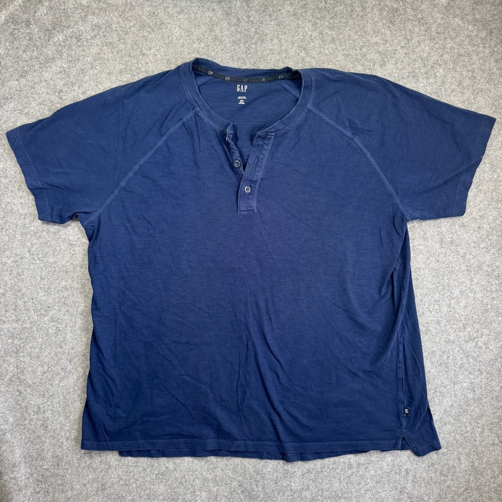 Gap Mens Henley T Shirt XXL Navy Blue 100% Cotton Short Sleeve Raglan Placket